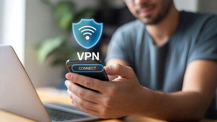 Man connecting to VPN on smartphone for secure browsing and data privacy