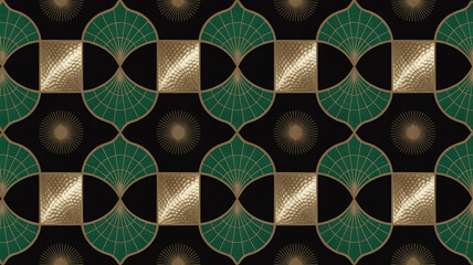 Seamless Art Deco pattern, metallic gold fan shapes, emerald green fish motifs, diamond segments, sunburst texture, symmetrical luxury, elegant vintage 1920s design, seamless tileable.