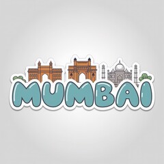 Naklejka premium This vibrant design features the iconic Gateway of India and other notable structures of Mumbai. The word Mumbai stands out with playful lettering, capturing the citys essence and energy.