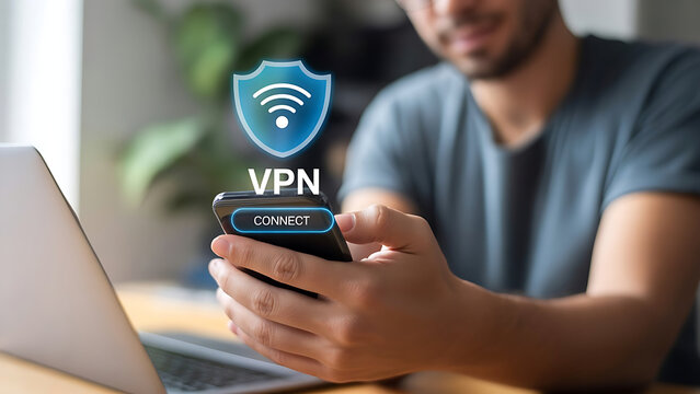 Man connecting to VPN on smartphone for secure browsing and data privacy