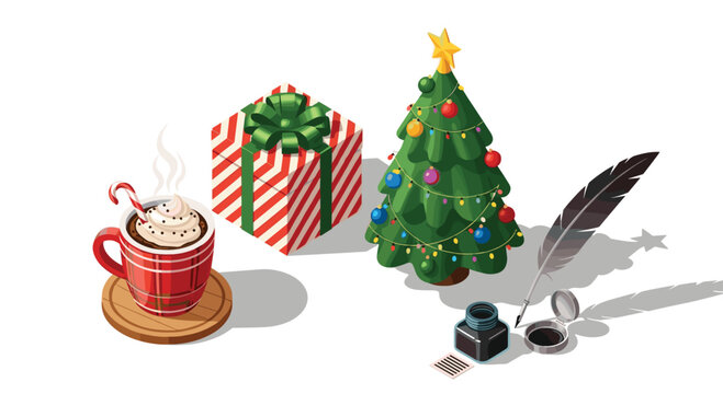 Christmas list with a steaming cocoa beside the tree and gifts this holiday season for festive cheer and cozy winter vibes