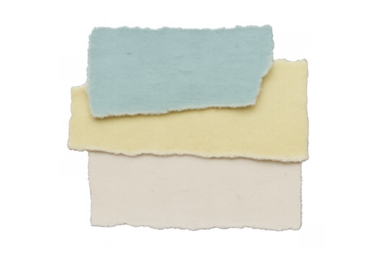 Torn paper pieces overlapping creating layered pastel texture, decorative scraps for collage or frame, transparent background