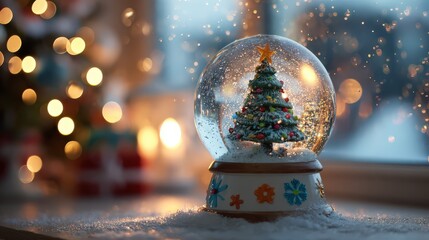 Festive christmas tree inside snow globe with glowing lights for holiday decor or card design
