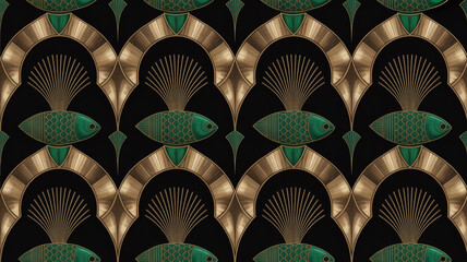 Seamless Art Deco pattern, metallic gold fan shapes, emerald green fish motifs, diamond segments, sunburst texture, symmetrical luxury, elegant vintage 1920s design, seamless tileable.
