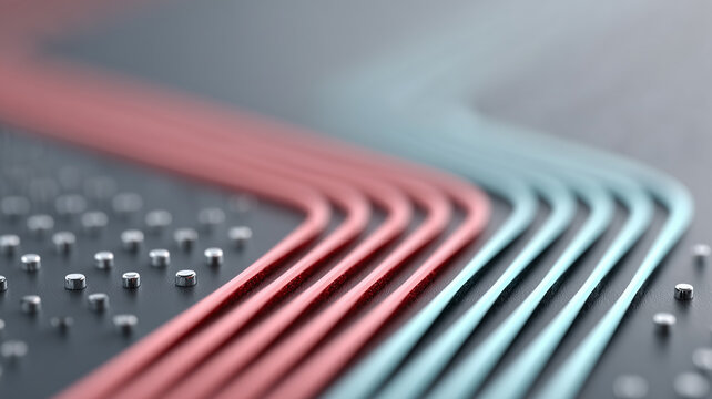 Abstract 3D rendering showing converging and diverging lines of glowing red and blue fiber optic-like material, flowing over a dark, detailed circuit board surface dotted with small metal components