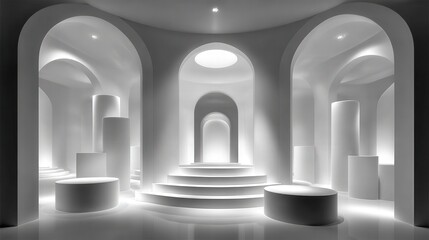 Fototapeta premium A serene space features glowing white structures, elegant arches, and circular platforms. Soft light enhances the minimalist design, creating a calm and inviting atmosphere.