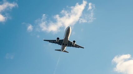 contrails. Airplane soaring upward through blue sky leaving white contrails against soft cloud backdrop. mobility guides, transit brochures, designed for transport & logistics marketing.