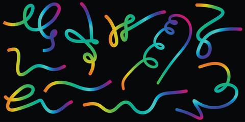 Abstract Gradient 3D Shapes Line Patterns on Black Background Vector. Wave Design Elements for Backgrounds, Patterns, Posters and Banners.