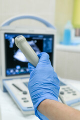 A veterinary ultrasound specialist prepares the probe before examining an animal. Concept diagnostic imaging