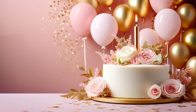 pastel birthday scene with elegant white cake gold candle and floral decorations for banner or card design
