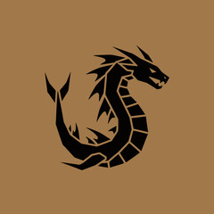 Black geometric dragon illustration on a brown background, depicting a serpentine creature.