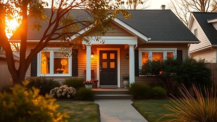 frontyard. A cozy suburban house bathed in warm golden light, surrounded by soft greenery, evoking a welcoming home feeling. real-estate listings.