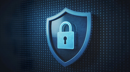 Cybersecurity protection with shield and padlock over binary code background, data privacy for personal and business use, online safety concepts