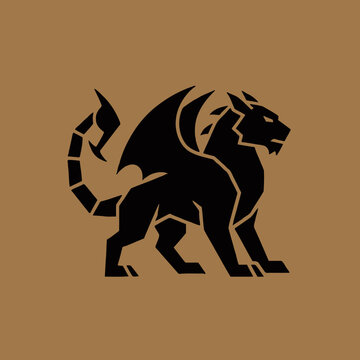 A black silhouette of a mythical manticore creature with wings and a scorpion tail on a brown background.