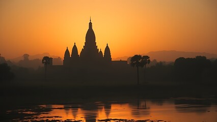 Fototapeta premium ziggurat. Ziggurat temple silhouette at sunset by a riverbank in misty atmosphere. inspiring travel planning, event programs, designed for cultural heritage projects and event programs.