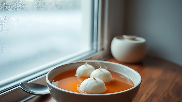 hued. Glutinous rice balls in ceramic bowl, warm vapor rising indoors, menu design, packaging mockups, designed for culinary blogs and recipe cards for restaurants, simplifies recipe learning.