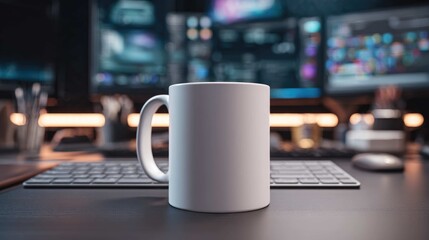 A blank white mug sits on a desk with keyboard and dual computer monitors in soft focus
