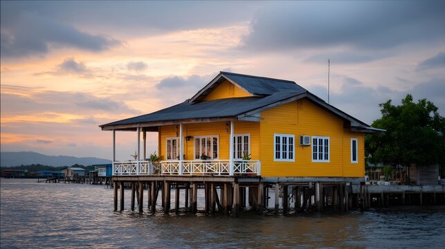 Vibrant yellow stilt house illuminated by the golden hour sun over calm water - Powered by Adobe