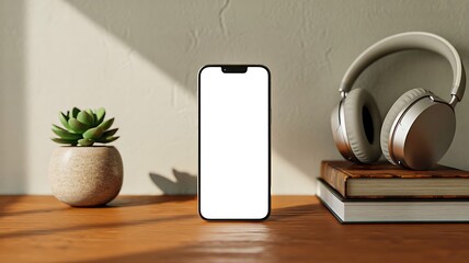 Modern smartphone with blank screen on wooden desk with headphones and plant