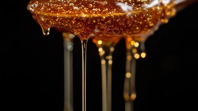 High-resolution close-up of honey dripping from honeycomb cells, light refracting through thick liquid, wax textures sharply visible, black background for maximum contrast and colo