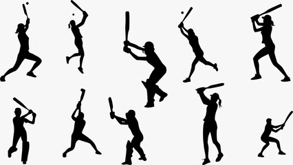 Dynamic silhouette collection of cricket players in action, showcasing batting, fielding, and athletic prowess for sports enthusiasts and cricket promotion