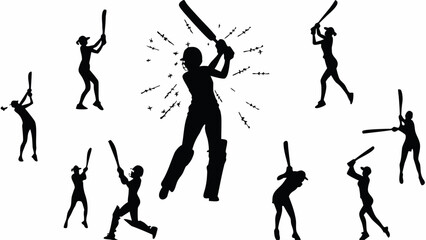 Dynamic cricket players silhouettes in action, a powerful display of sportsmanship and athleticism, perfect for sports branding and promotional campaigns