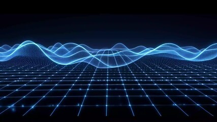 Abstract blue glowing digital wave mesh grid moving smoothly on dark background representing data flow and network connections - Powered by Adobe