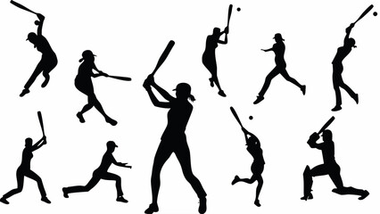 Dynamic collection of female baseball players silhouettes showcasing action poses for sports teams, athletic programs, and engaging sports designs, originally vector art