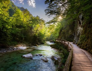 Obraz premium a tranquil river flows gently through a lush tree lined gorge under soft sunlight highlighting a serene walking path at the shore