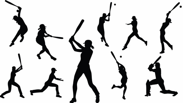 Dynamic collection of female baseball players silhouettes showcasing action poses for sports teams, athletic programs, and engaging sports designs, originally vector art
