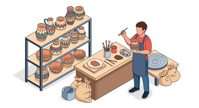 Craftsman paints vibrant pottery designs in his charming studio, creating beautiful handmade art to brighten any space with artistic flair