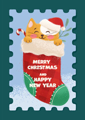 vintage stamp with a kitten inside a Christmas stocking