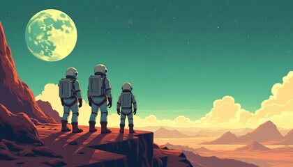 Three astronauts stand on rocky cliff, gazing at large moon in starry sky. Space explorers in suits on planetary surface explore cosmos together. Distant mountains and cloudy landscape below.