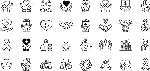 Charity donation healthcare icons set with hands hearts money support medical assistance volunteer symbols for nonprofit design