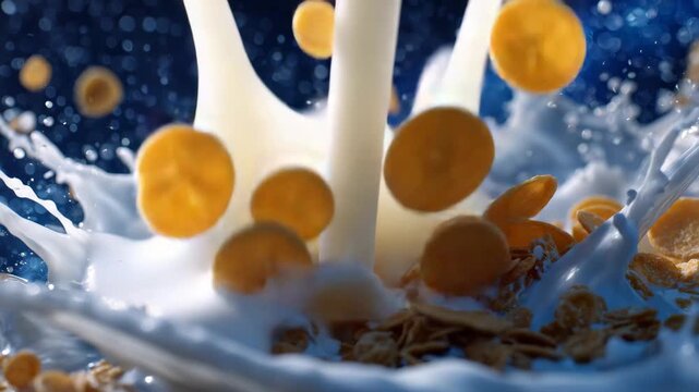 High-speed shot of assorted cereals colliding with splashing milk, droplets forming arcs, vibrant blue backdrop, scattered flakes and loops floating in mid-air, hyper-realistic tex