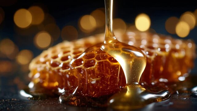 Honeycomb with fresh honey oozing down, close-up focus on flowing viscosity and golden translucence, hexagon patterns in sharp relief, dramatic black backdrop emphasizing texture