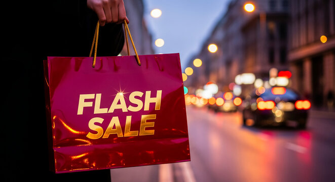 Hand holding magenta shopping bag with gold inscription "Flash Sale", representing limited time offer, shopping opportunity, purchase during promotion