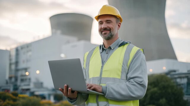 Industrial scene with engineer in high-visibility vest typing on laptop, yellow hard hat in view, large concrete cooling towers behind, soft sunlight casting shadows, cinematic wid