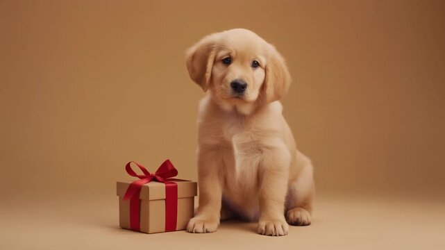 マットな暖ベージュ背景の前に、愛らしいゴールデンの子犬がギフトボックスの横にちょこんと座っています。
柔らかなスタジオライティングが、毛並みの質感と温かい雰囲気を優しく引き立てます。
落ち着いた色調が、ギフト・ペット・季節イベントのビジュアルに最適です。