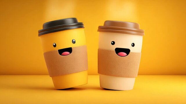 Two smiling cartoon coffee cups side-by-side on a yellow background