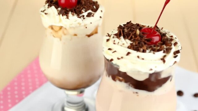 Close-up of two ornate milkshakes, whipped cream, chocolate shavings, and cherries