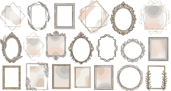 Collection of diverse decorative picture frames features ornate, geometric, and simple styles with soft color accents