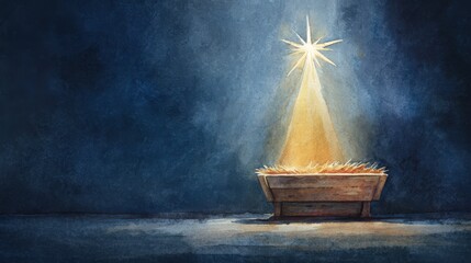 Nativity theme watercolor of empty manger and guiding star
