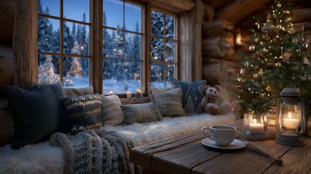 Intimate cabin interior glowing with firelight, Christmas tree twinkling with ornaments, snow gently piling up outside the window, cozy blankets and hot cocoa on a wooden table, tr
