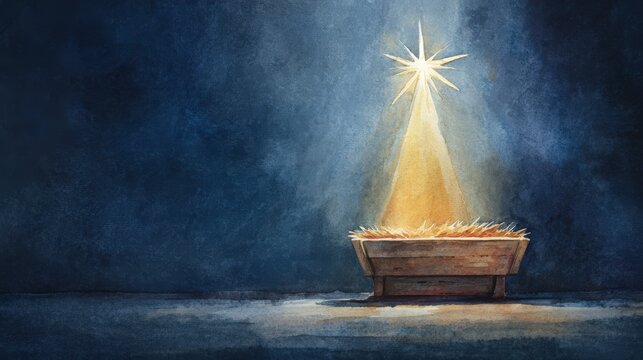 Nativity theme watercolor of empty manger and guiding star