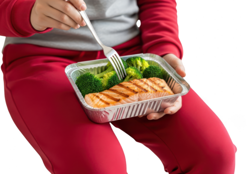 Woman eating healthy food from a container. Person eating grilled salmon and broccoli from a foil container isolated on transparent background