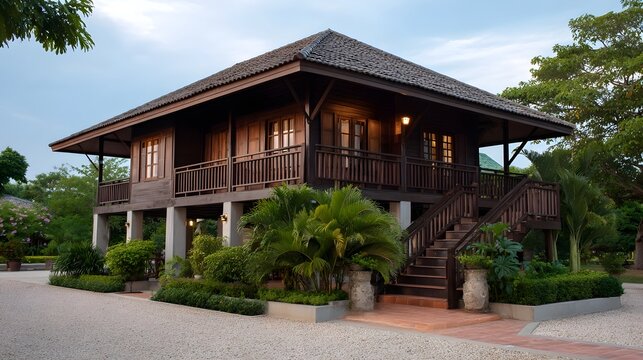 Exterior of a traditional wooden stilt house with open veranda and staircase bathed in soft dusk light amidst lush tropical foliage