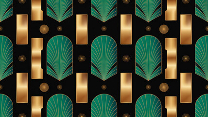 Luxurious seamless Art Deco fish and sunburst pattern, emerald green and gold on black, repeating vertical columns, stylized scales, fins, radiating rays, elegant 1920s wallpaper design