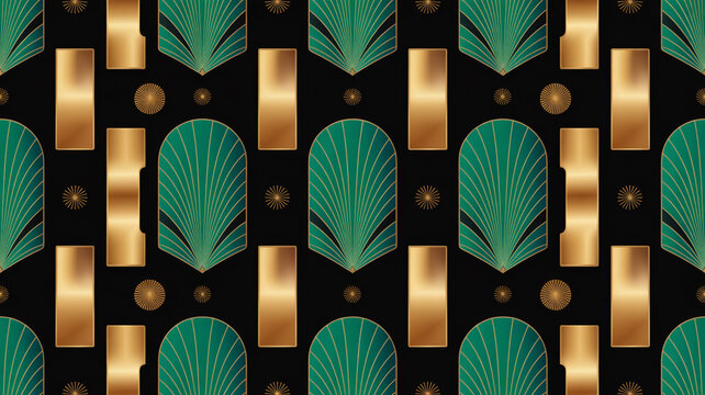 Luxurious seamless Art Deco fish and sunburst pattern, emerald green and gold on black, repeating vertical columns, stylized scales, fins, radiating rays, elegant 1920s wallpaper design