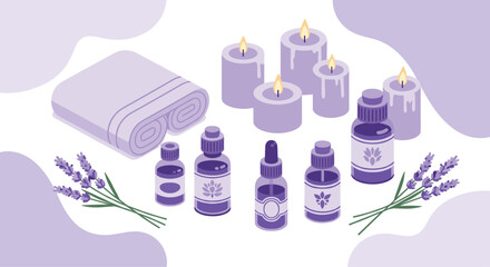 Relaxing lavender aromatherapy scene for wellness brands and spa promotions, with essential oils, candles and soft towels for a calming experience